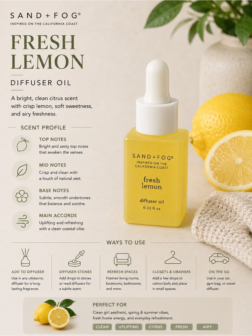 Sand + Fog® Fresh Lemon Diffuser Oil 0.33 fl oz
